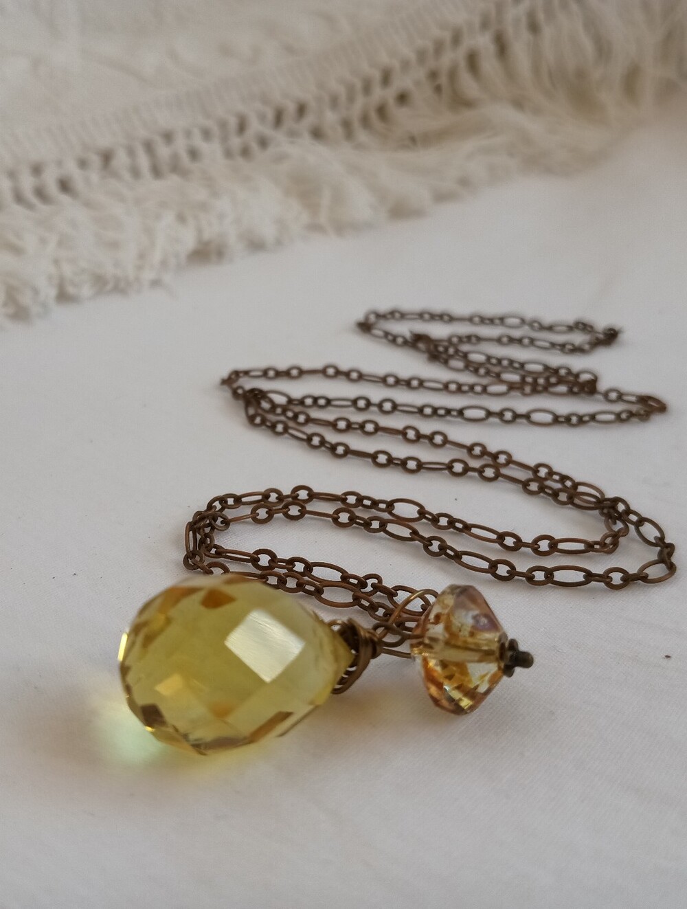 Hand Crafted Citrine Drop Pendant Amber Czech Glass X Long Antique Brass Chain - Picture 5 of 7